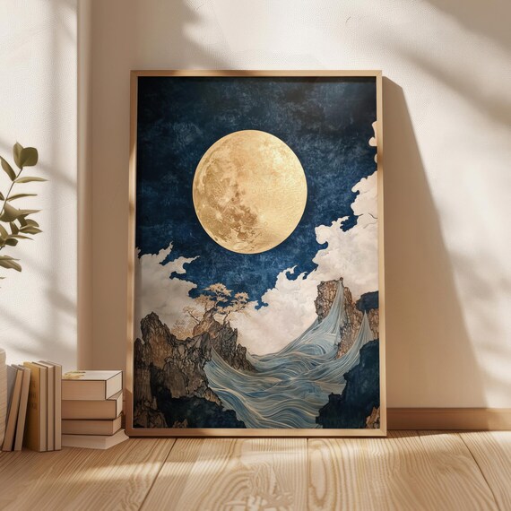 Golden Full Moon Over Ocean Cliffs Retro Japanese Art Poster