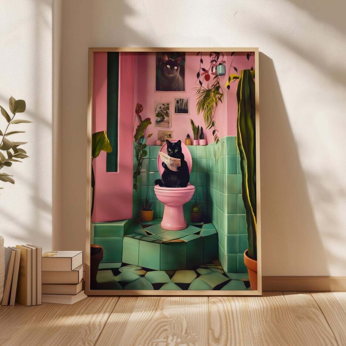 Black Cat Reading Newspaper Retro Pink Bathroom Humor Poster