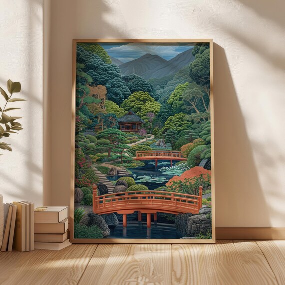 Japanese Garden Red Bridges Serene Pond Painting Decor Poster