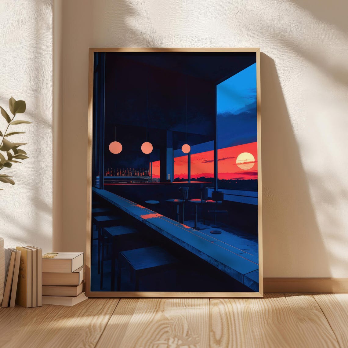 Empty Bar at Red Sunset Japanese Retro Pop Style Night Art Poster