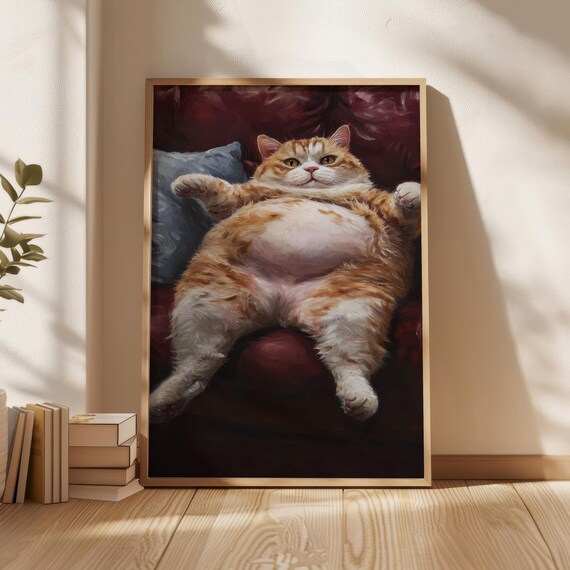 Funny Chubby Orange Cat Lounging Poster on a Dark Velvet Couch