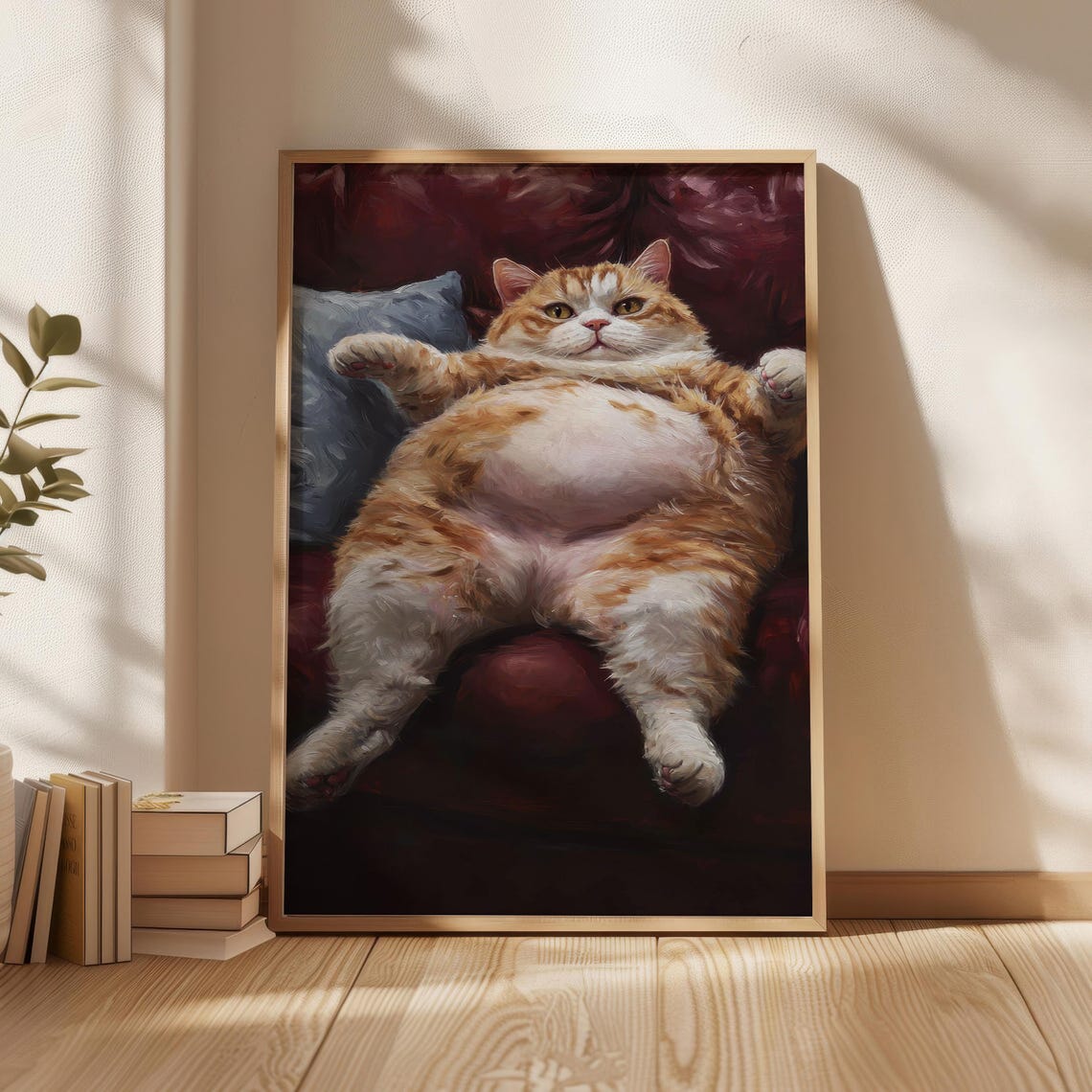 Funny Chubby Orange Cat Lounging Poster on a Dark Velvet Couch