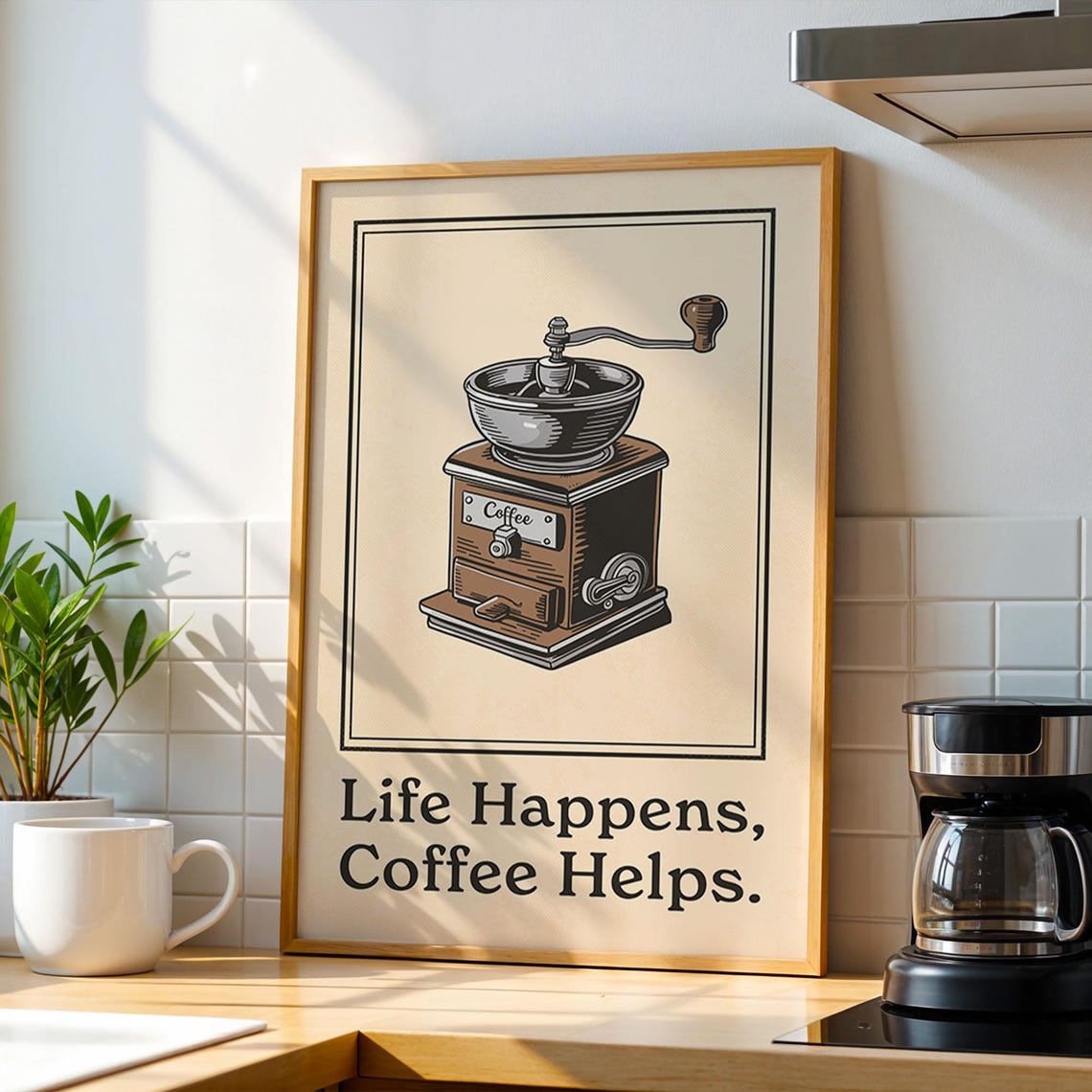 Life Happens Coffee Helps Vintage Grinder Funny Kitchen Poster