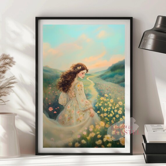 Dreamy Flower Meadow Girl Whimsical Pastel Cottagecore Portrait Poster