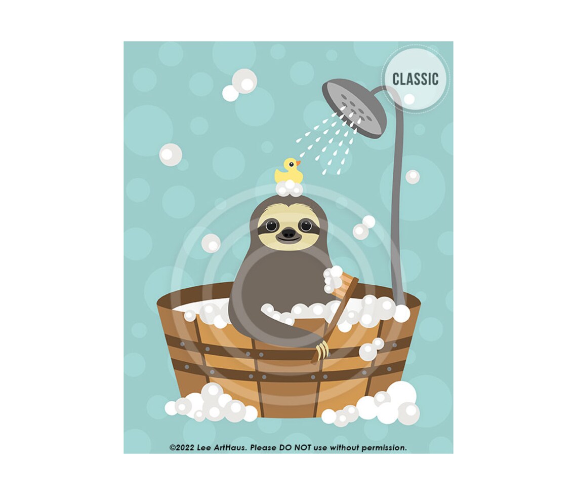 Sloth Relaxing Bubble Bath Wooden Tub Bright Teal Funny Wall Art - Image 4
