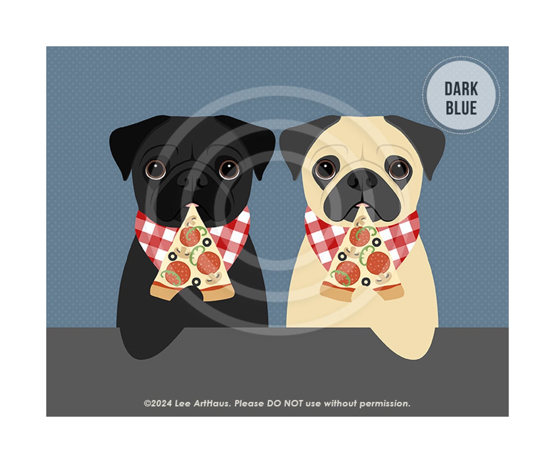 Two Pugs Eating Pizza With Checkered Bibs Cute Funny Dog Art Poster - Image 5