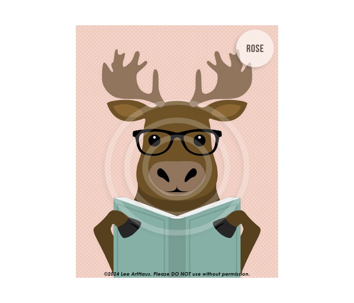 Cute Moose Reading Book With Glasses Aqua Woodland Animal Kids Room Poster - Image 4