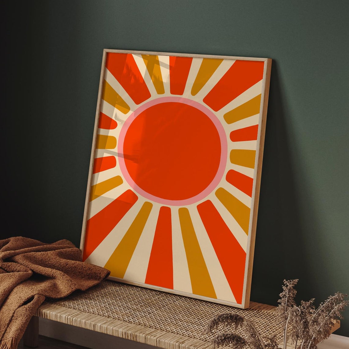 Large Retro Boho Sunburst Red Orange Sun Rays Graphic Poster