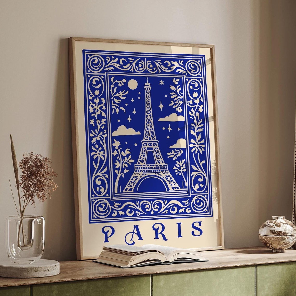Paris Eiffel Tower Moonlit Indigo Ink Vintage Style Travel Poster - Image 6