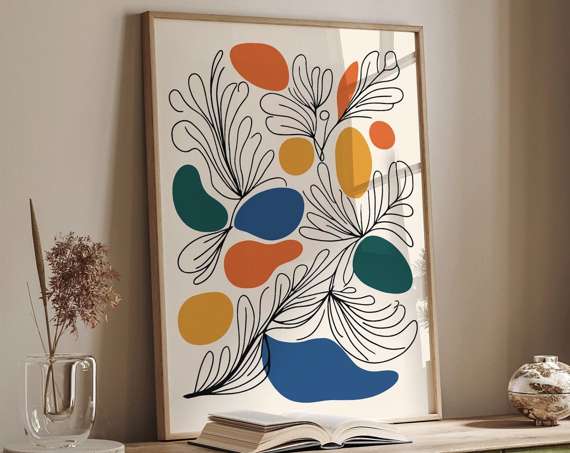 Abstract Botanical Line Art Poster with Colorful Mid Century Shapes