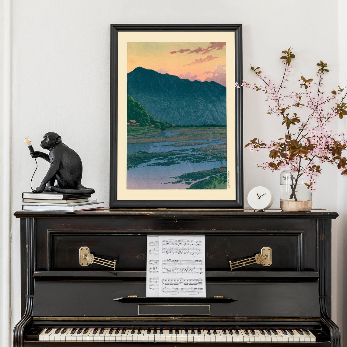 Japanese Mountains Dusk River Woodblock Style Evening Art Poster - Image 2