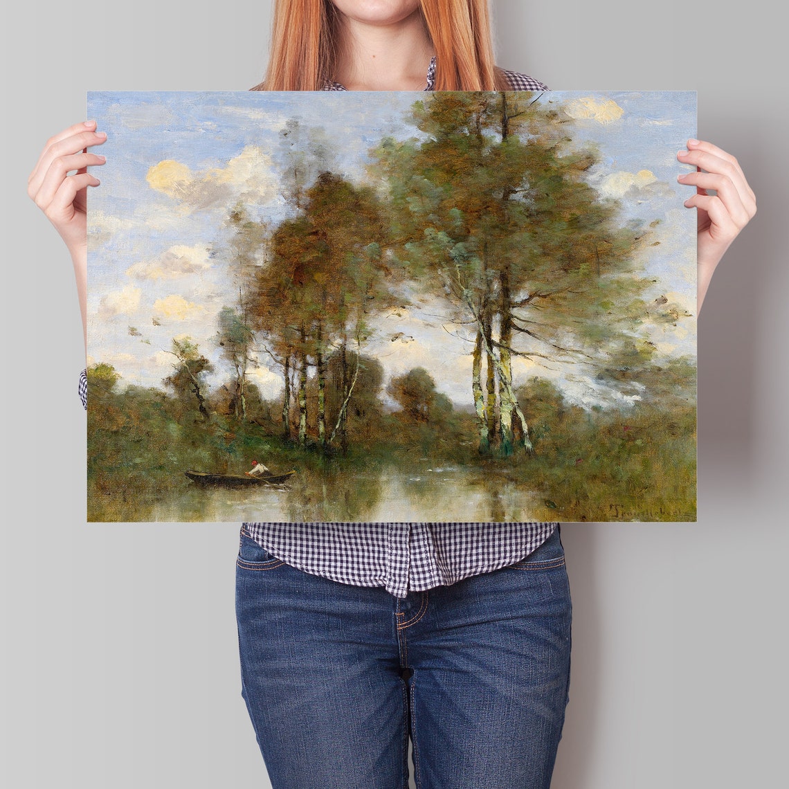 Vintage Oil Painting Poplar Pond Rowboat Blue Sky Clouds Art Poster - Image 4