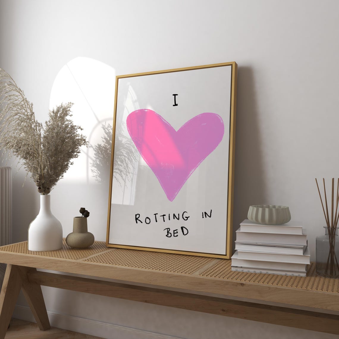 I Heart Rotting in Bed Funny Pink Heart Typography Bedroom Poster