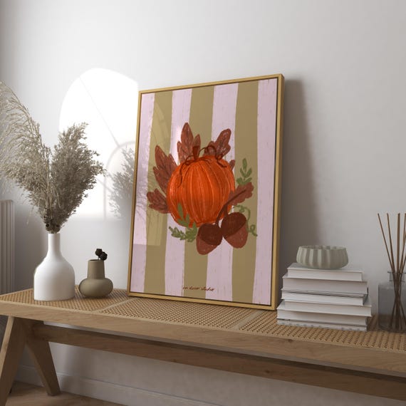 Striped Pumpkin Print Poster Halloween Horror Decorations Vintage Trendy Retro Mid Century Modern Kitchen Wall Art