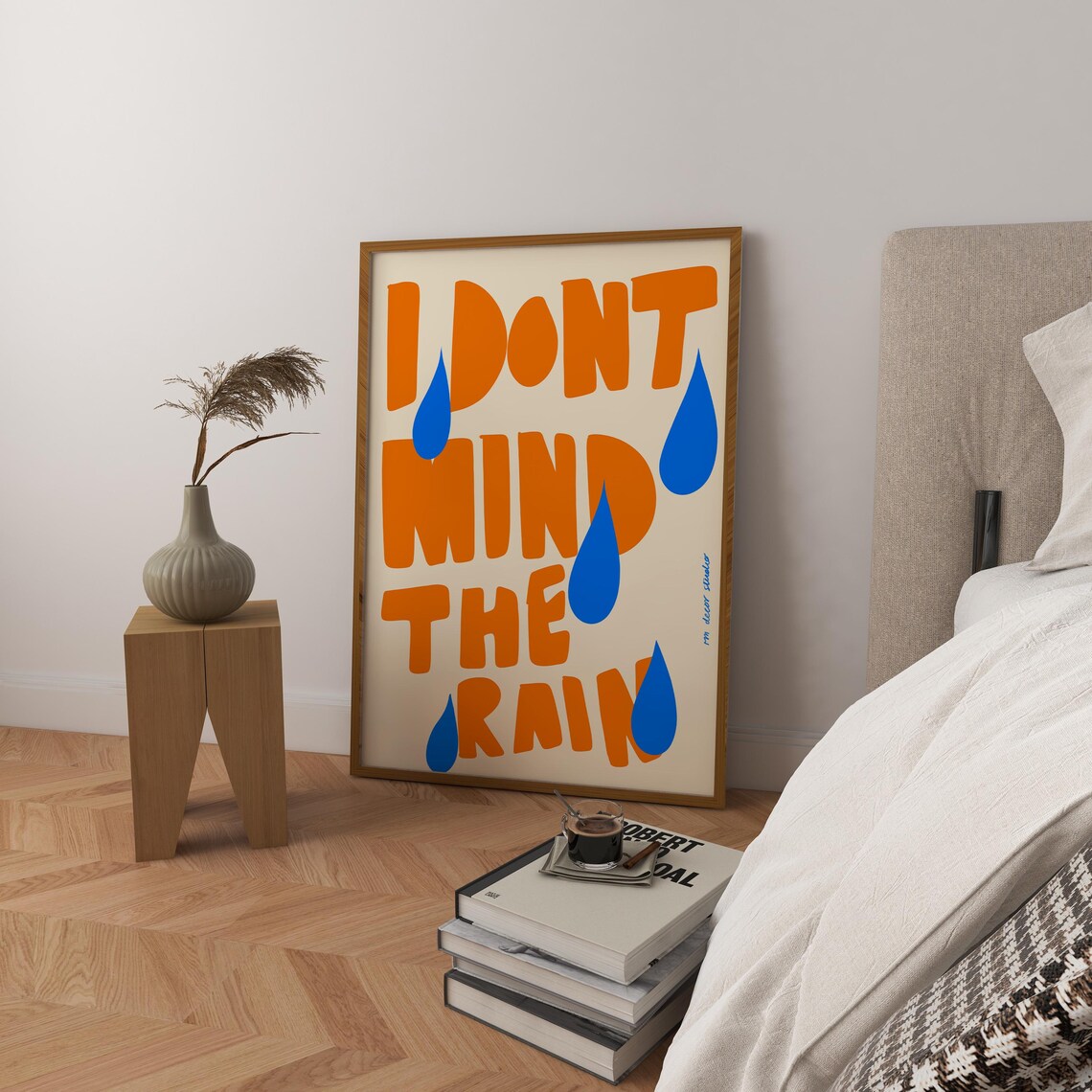 I Dont Mind The Rain Orange Letters Blue Drops Quote Gift Poster