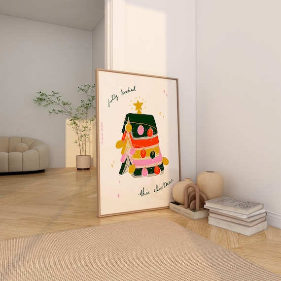 Fully Booked This Christmas Book Tree Illustration Book Lover Holiday Poster