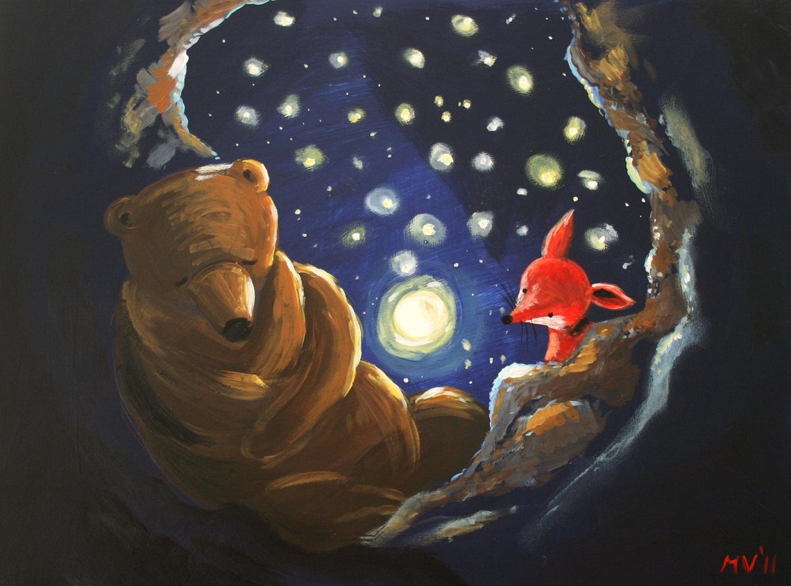 Sleepy Bear And Red Fox Gazing At Moonlit Starry Sky Art Poster