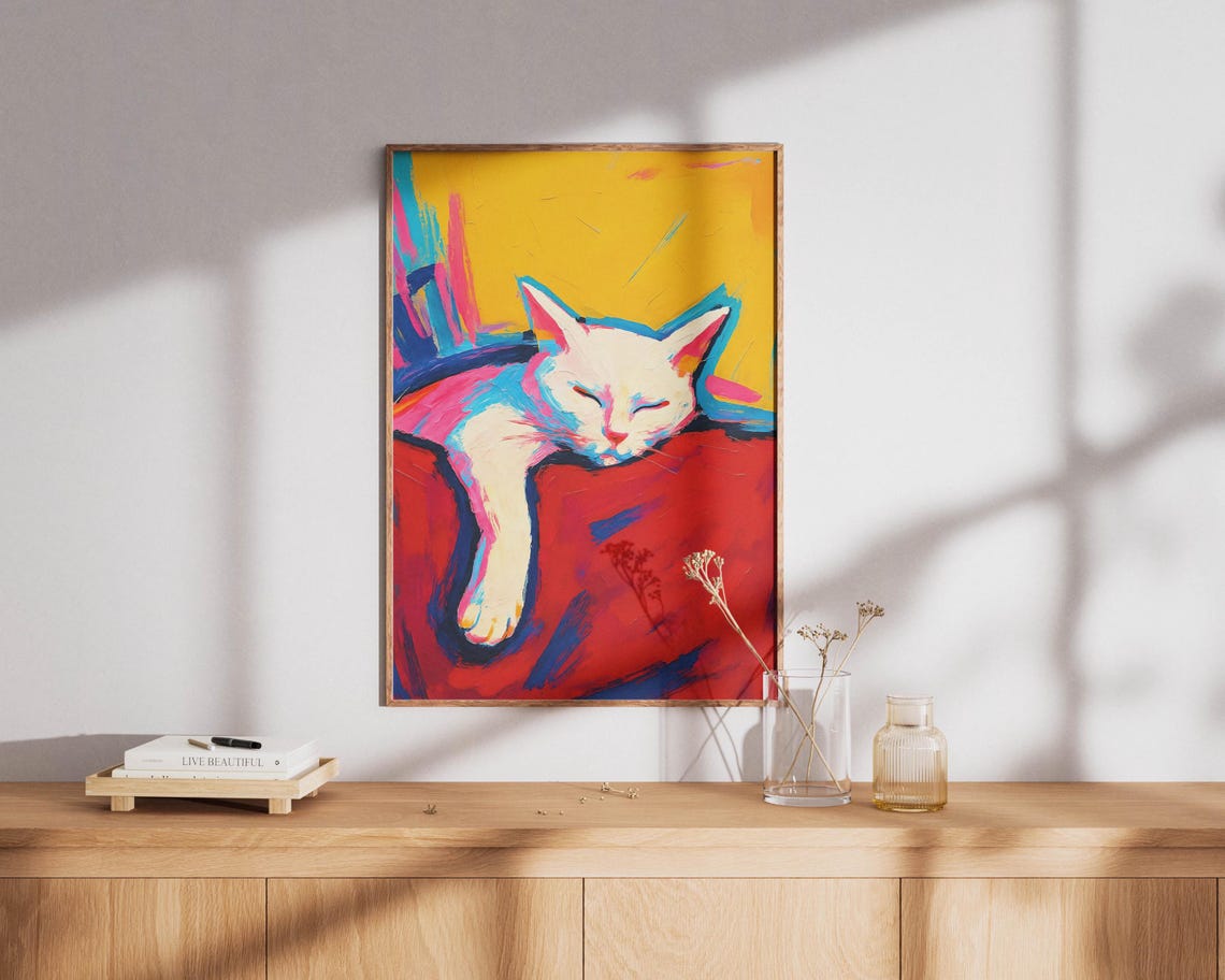 White Sleeping Cat Colorful Bold Abstract Pop Art Style Poster