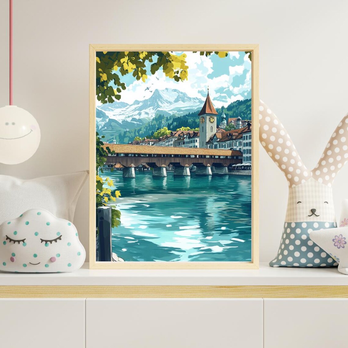 Lucerne Switzerland Chapel Bridge Colorful Old Town River Illustration Poster