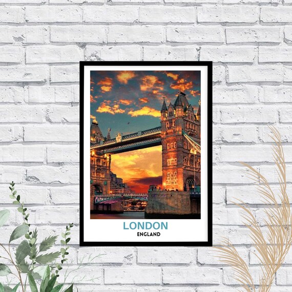 Tower Bridge London Sunset Fiery Sky Thames River Landmark Poster