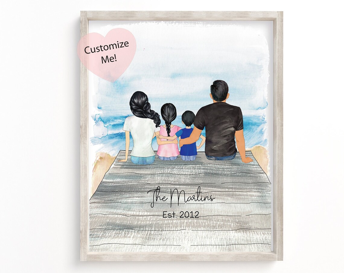 Watercolor Family of Four on Beach Dock Custom Family Name Art Poster