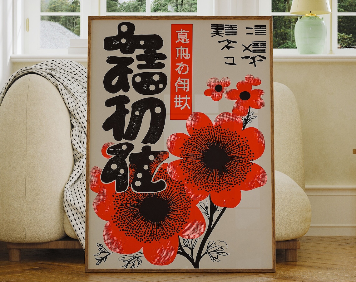 Japanese Red Poppy Flower Market Botanical Japandi Style Poster