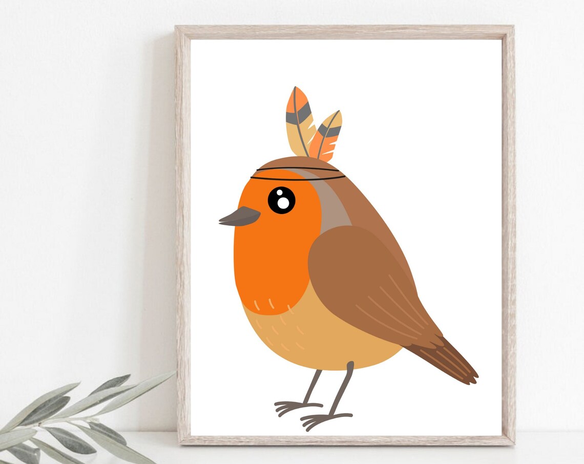 Cute Cartoon Robin Bird Nursery Baby Room Woodland Animal Poster