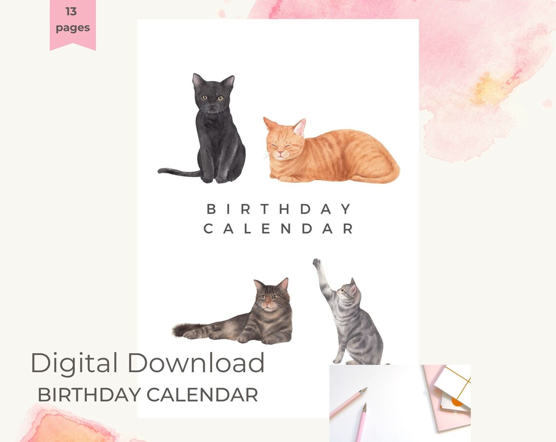 Watercolor Cats Birthday Calendar Digital Download 13 Pages Poster