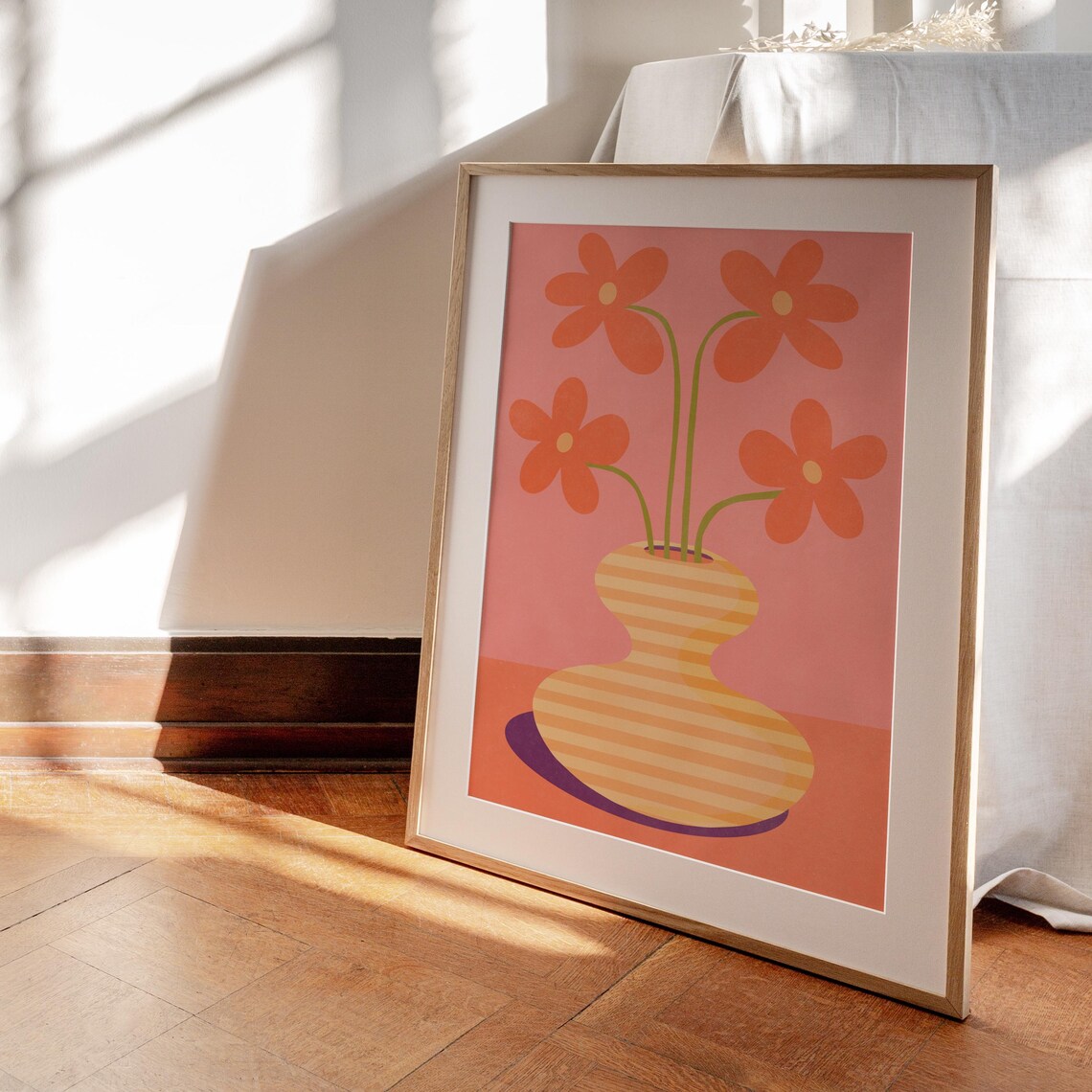 Orange Daisies In Yellow Striped Vase Maximalist Flower Art Poster - Image 5