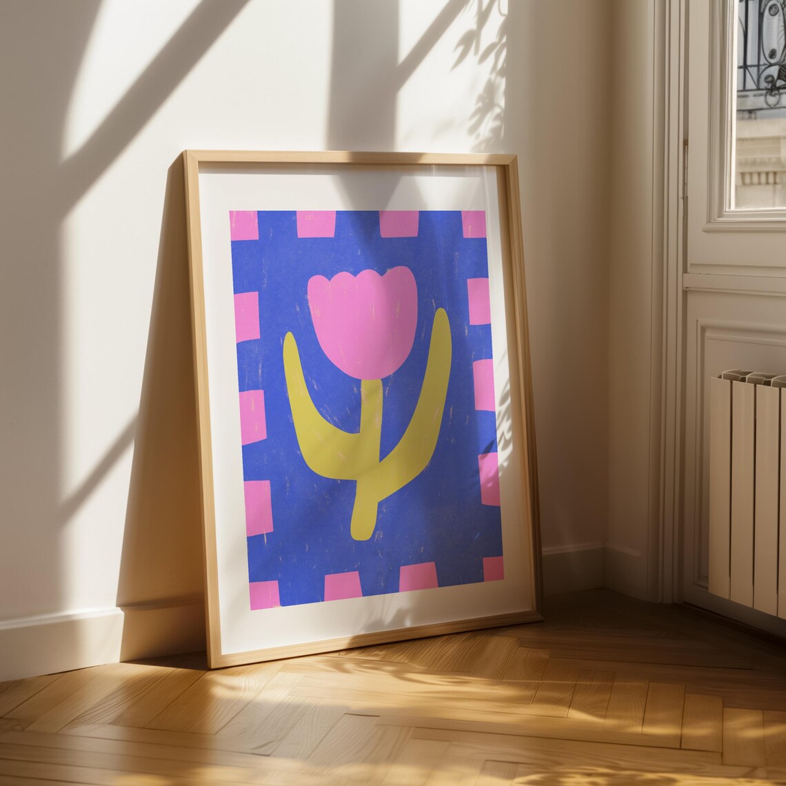 Pink Tulip On Cobalt Blue Scandinavian Folk Flower Art Poster - Image 4