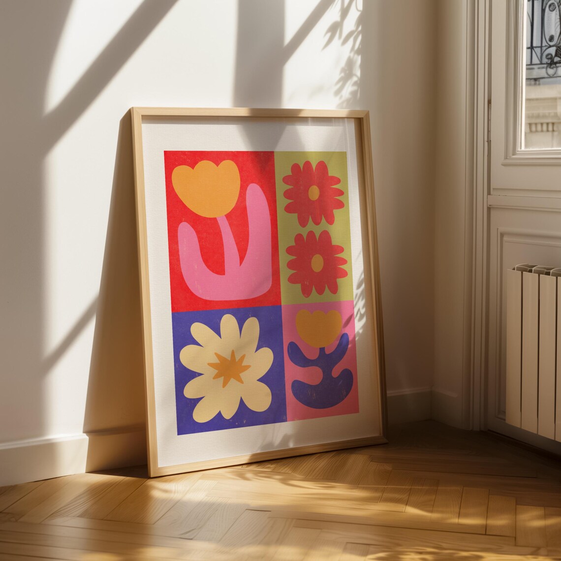 Happy Colorful Flower Blocks Tulips Daisies Maximalist Art Poster