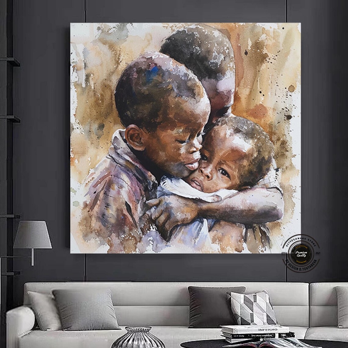 Heartwarming Siblings Hug Watercolor Emotive Children Art Poster