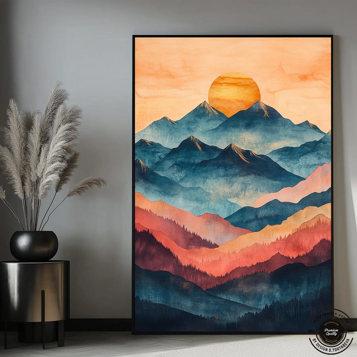Layered Mountain Sunset Orange Teal Watercolor Landscape Poster