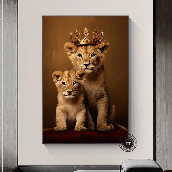 Royal Lion Family Canvas Painting Majestic Lions With Gold Crowns Elegant Wildlife Art Gift And Luxurious Wall Decor For Home