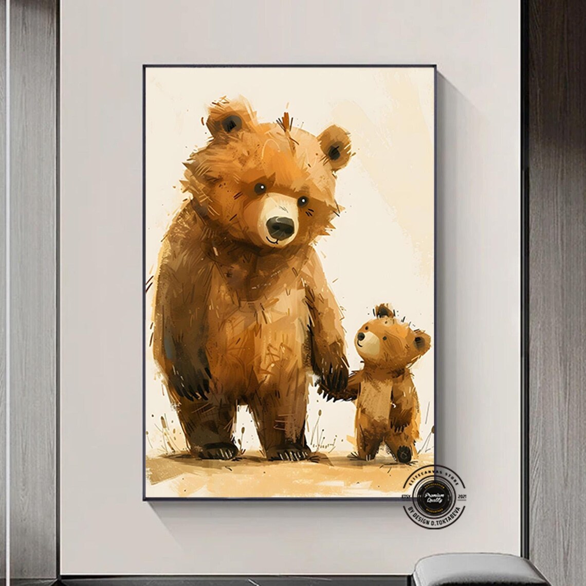 Mother Bear and Cub Watercolor Cute Animal Nursery Art Poster