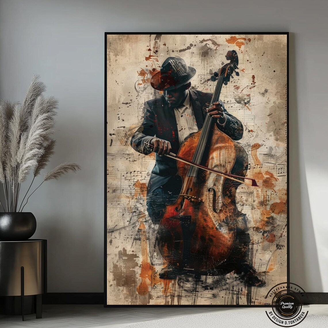 Jazz Double Bass Player in Fedora Vintage Grunge Sheet Music Art Poster