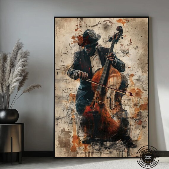 Jazz Double Bass Player in Fedora Vintage Grunge Sheet Music Art Poster