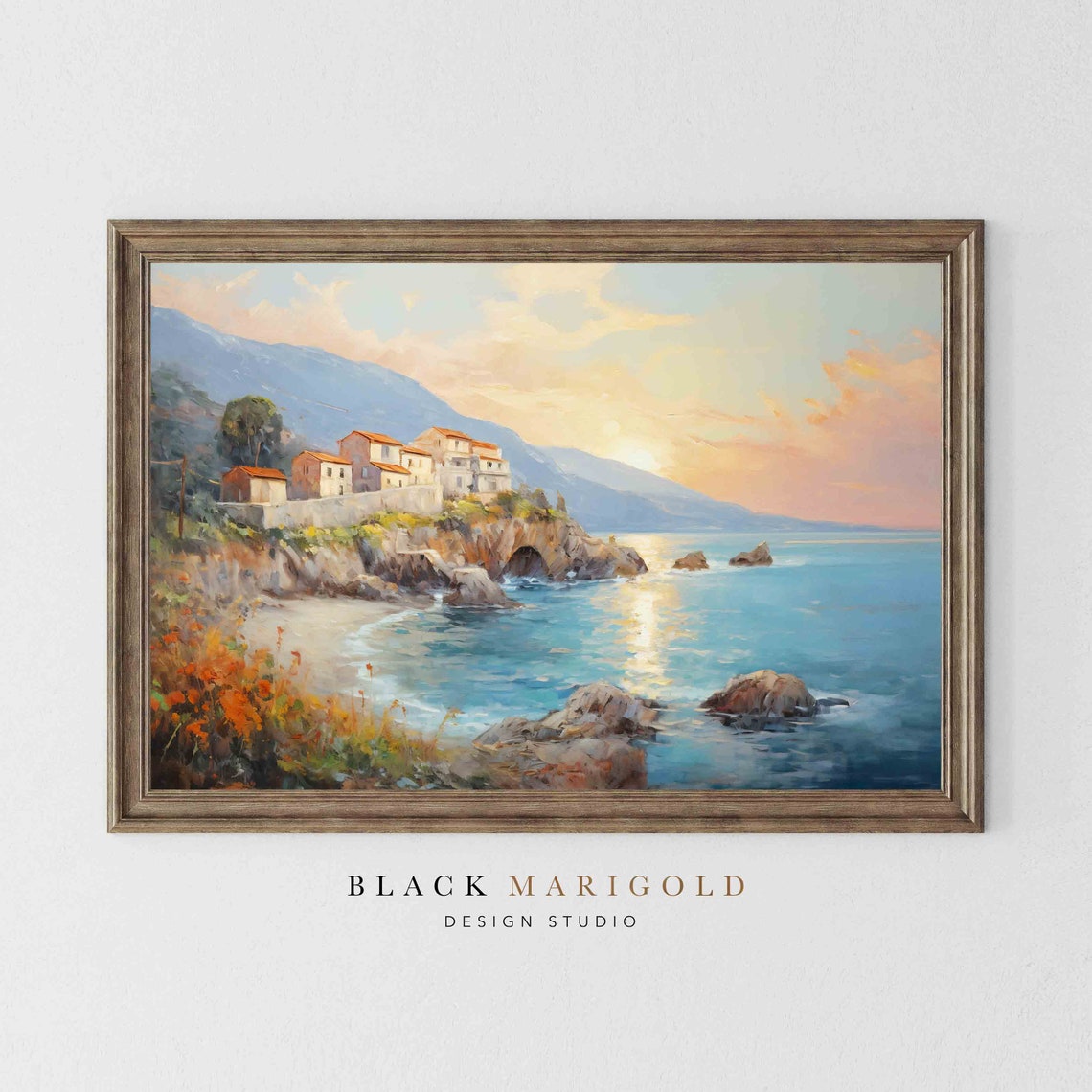 Cliffside Coastal Village at Sunset Over Turquoise Sea Poster - Image 2
