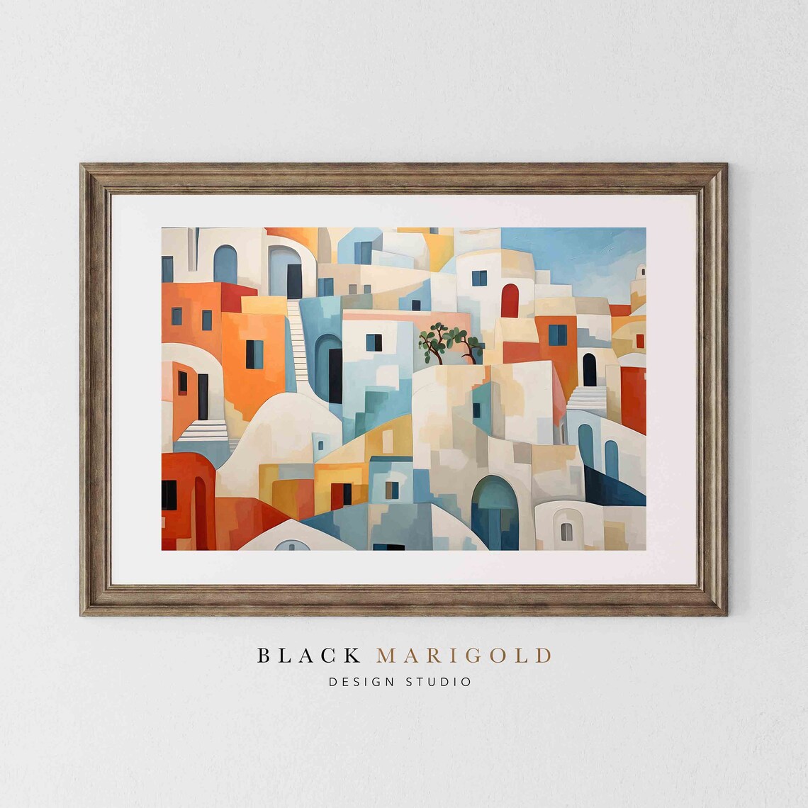 Santorini Mosaic Vintage Travel Poster, Oil Painting