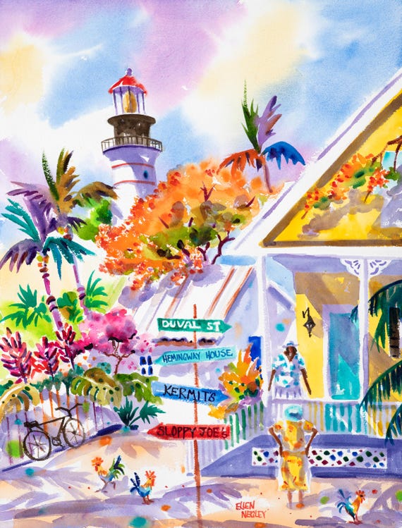 Key West Lighthouse Key West Art Duval Street Tropical Wall Art Key West Art Colorful Art Print Ellen Negley Watercolors