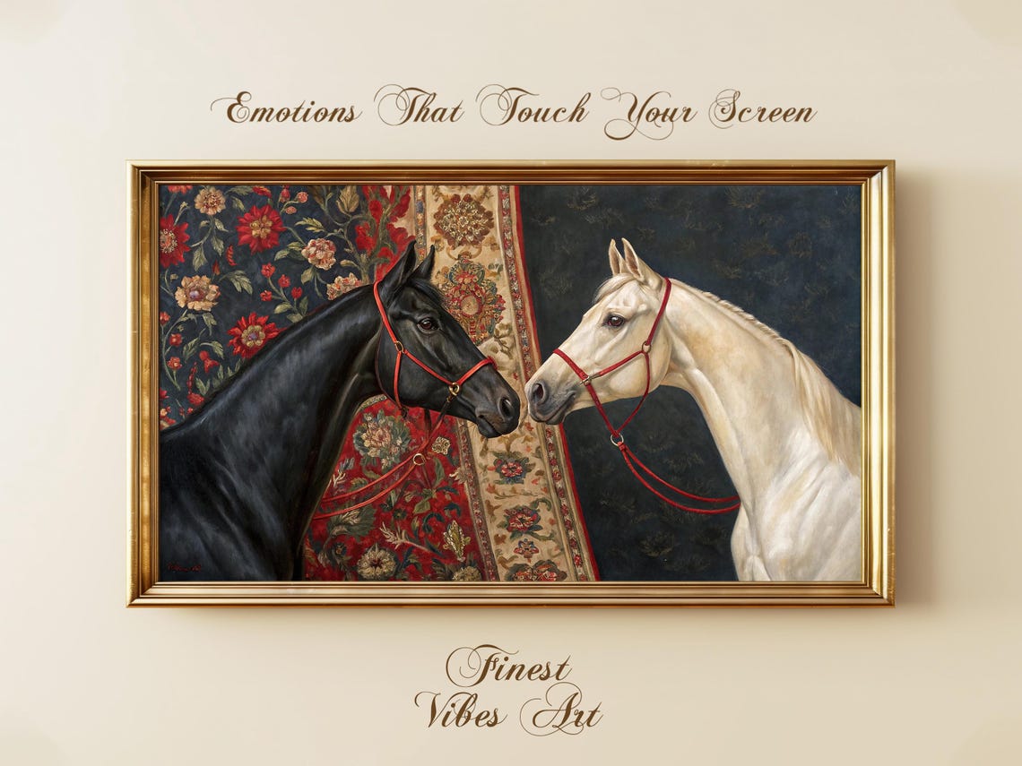 Black And White Horses Facing Each Other Equestrian Portrait Poster