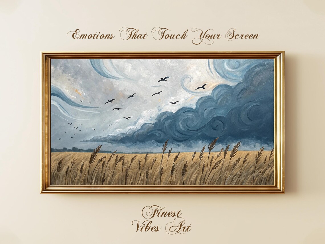 Stormy Wheat Field Birds Dramatic Sky Oil Painting Style Art Print
