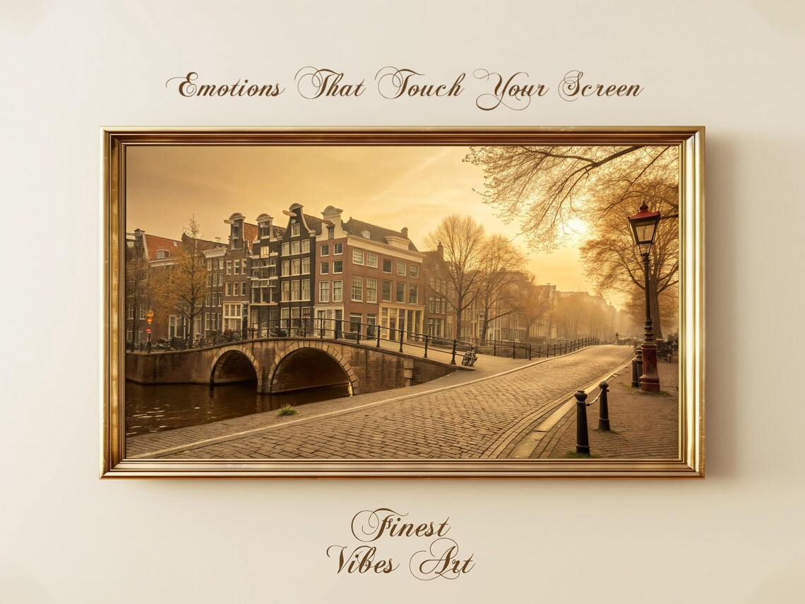 Amsterdam Canal Golden Hour Gabled Houses Vintage Photo Print