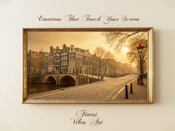 Golden Amsterdam Canal Art Warm European Cityscape Vintage Bridge Scene Cozy Sunset Travel