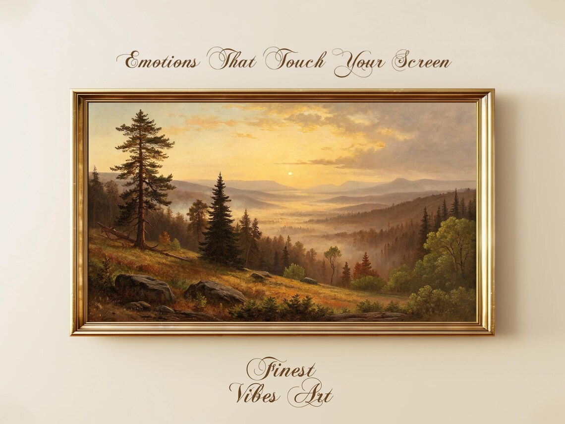 Golden Mountain Sunrise Misty Forest Valley Vintage Landscape Poster