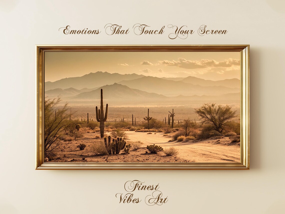 Desert Sunset Saguaro Cacti Golden Mountains Landscape Photo Poster