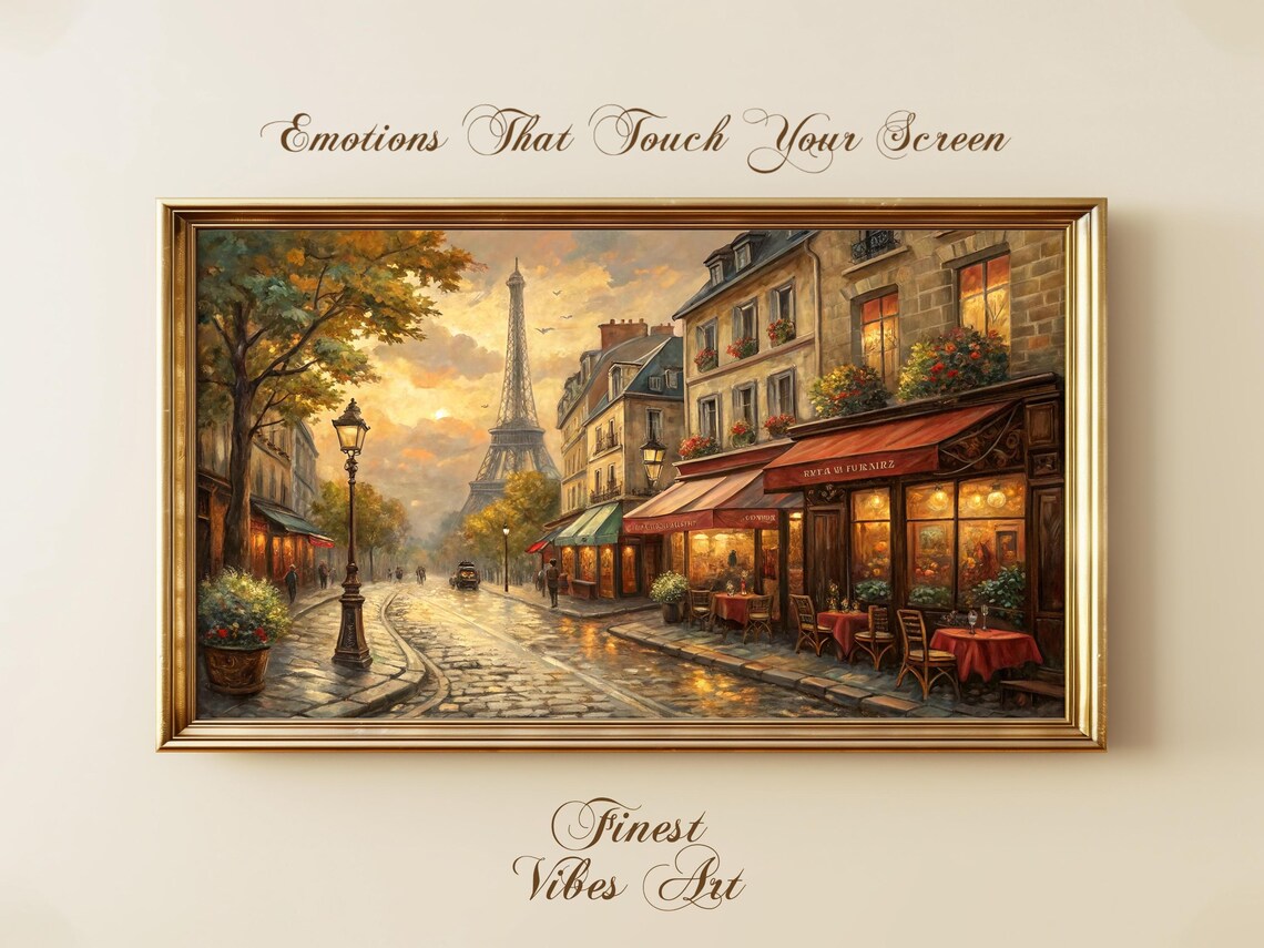 Paris Eiffel Tower Sunset Street Cafe Vintage Oil Painting Poster