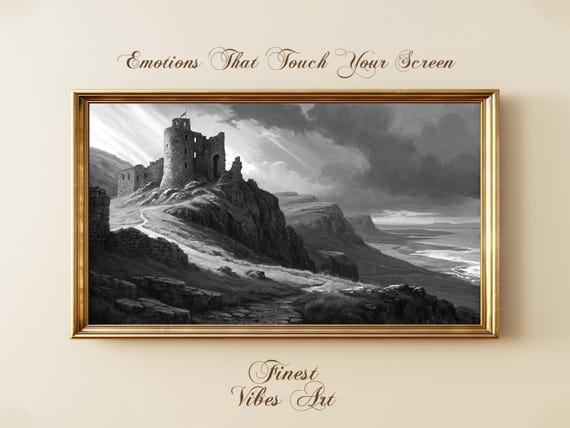 Moody Black and White Castle Ruins Gothic Coastal Landscape Poster