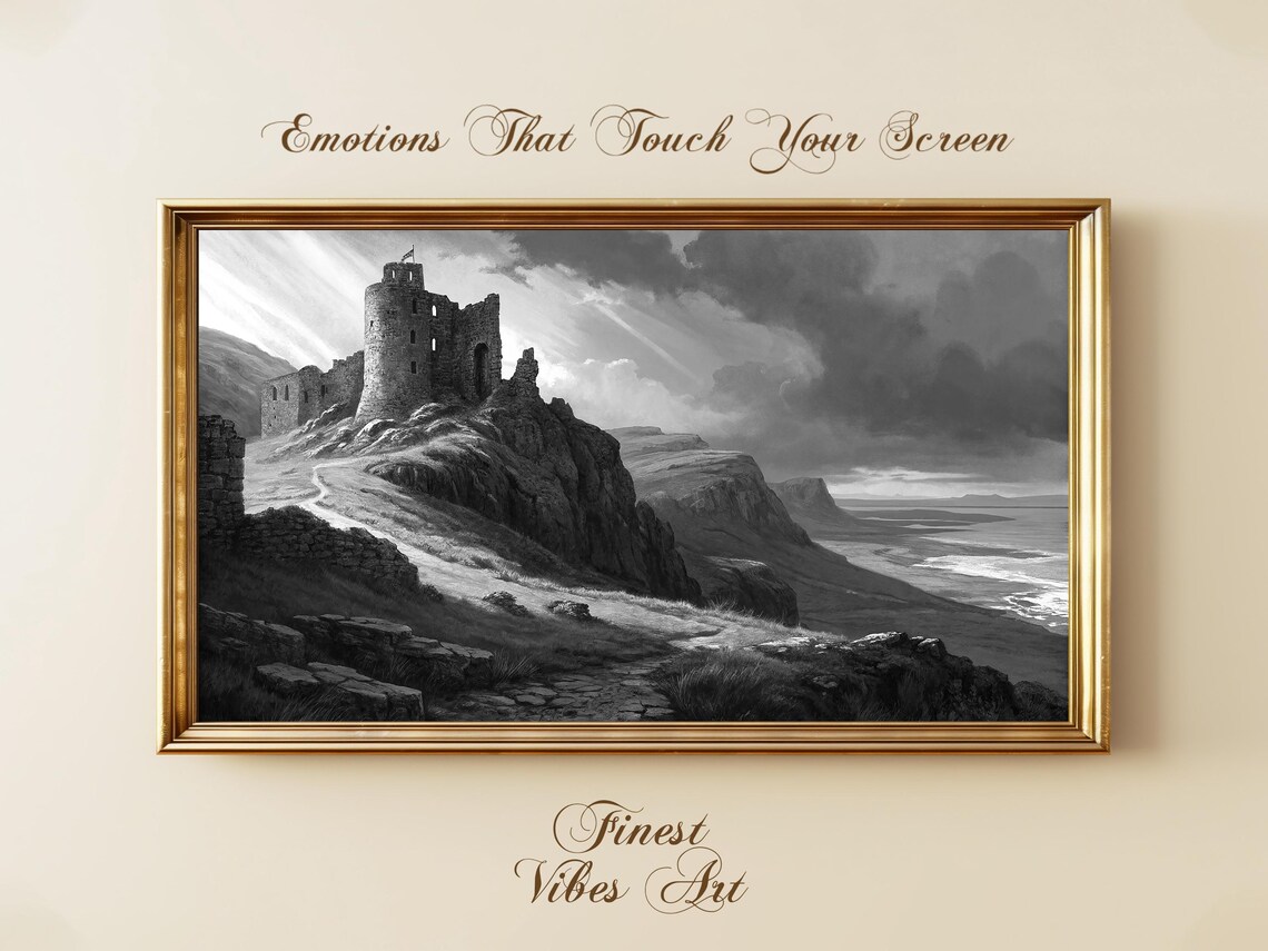 Moody Black and White Castle Ruins Gothic Coastal Landscape Poster