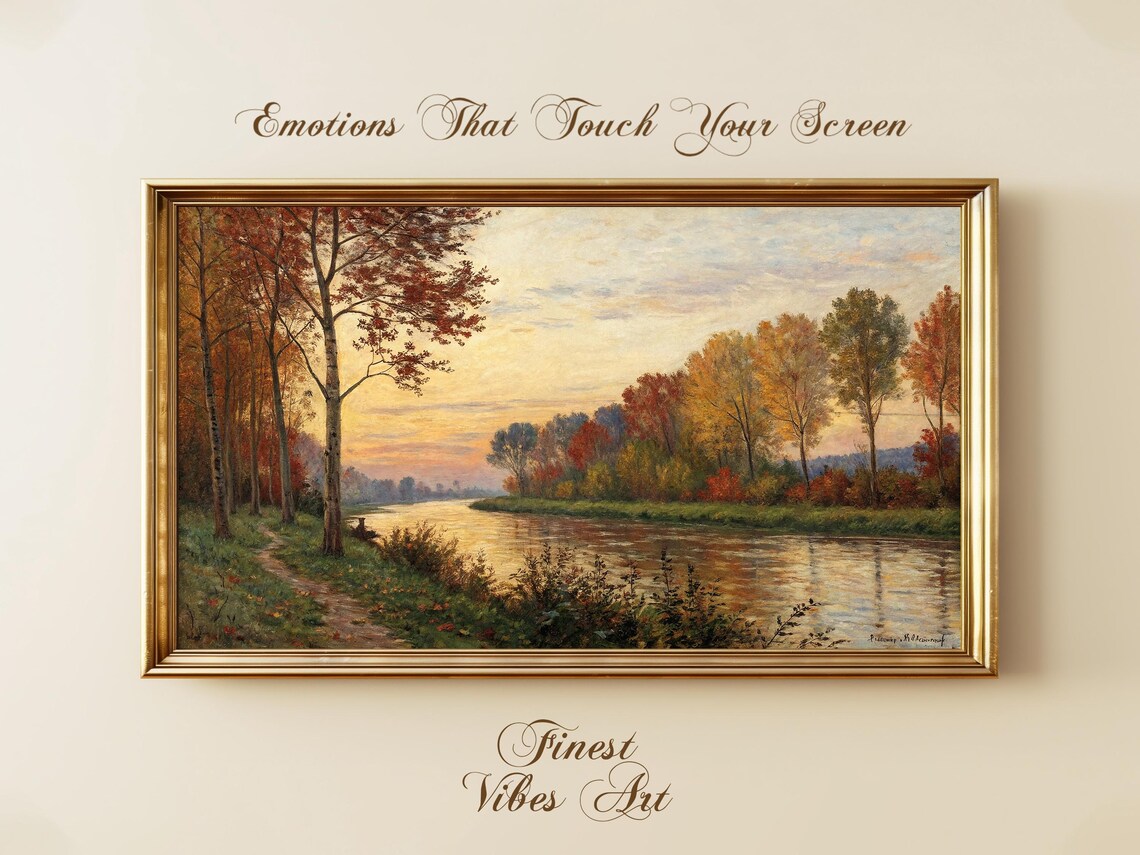 Autumn River Sunset Vintage Oil Painting Fall Landscape Poster